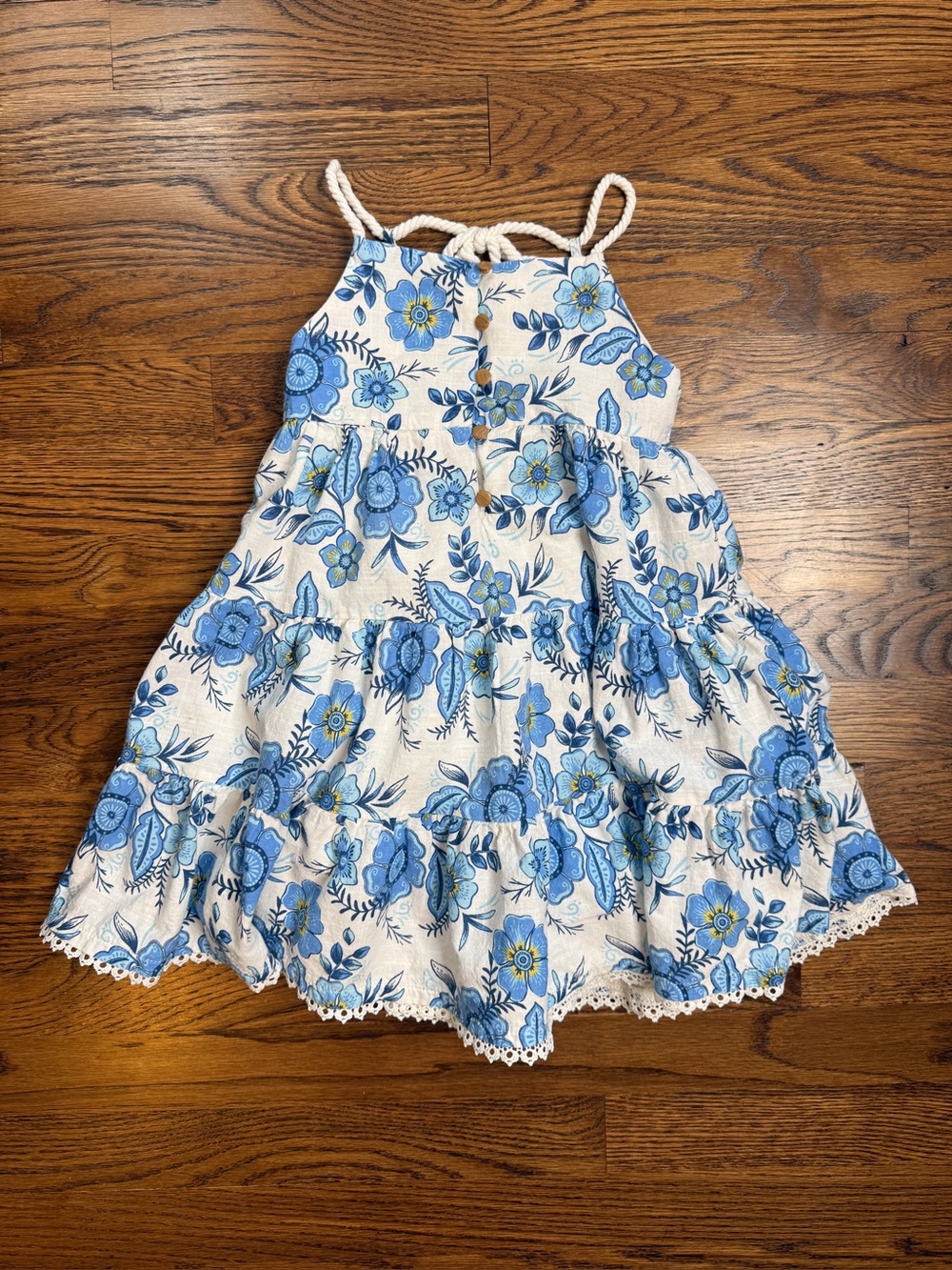 Haute Hippie Kids Girls White & Blue Floral Print Sundress Eyelet Lace Trim 4T